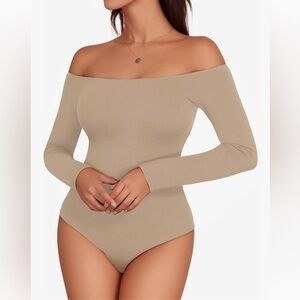 American Apparel Off Shoulder Long Sleeve Bodysuit Vintage Khaki Size Small